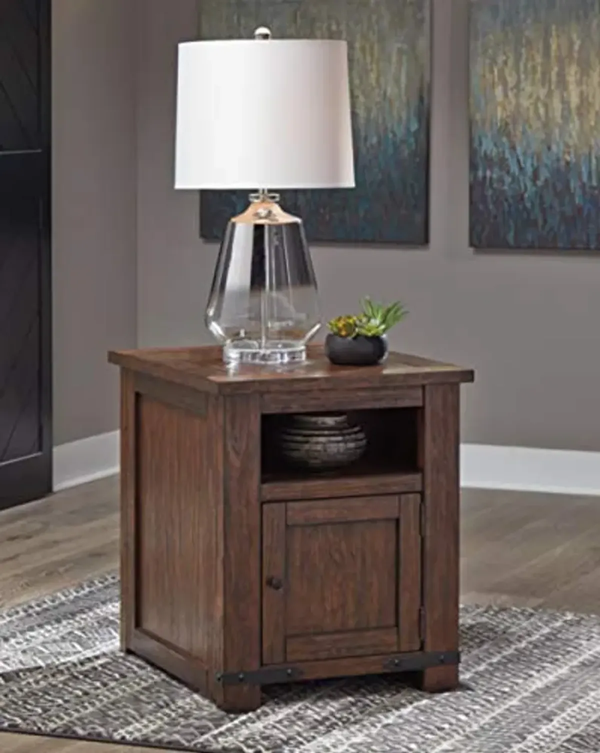 Signature Design by Ashley Budmore Industrial Rectangular End Table with Open Storage, Storage Cabinet and 2 USB Ports, Brown