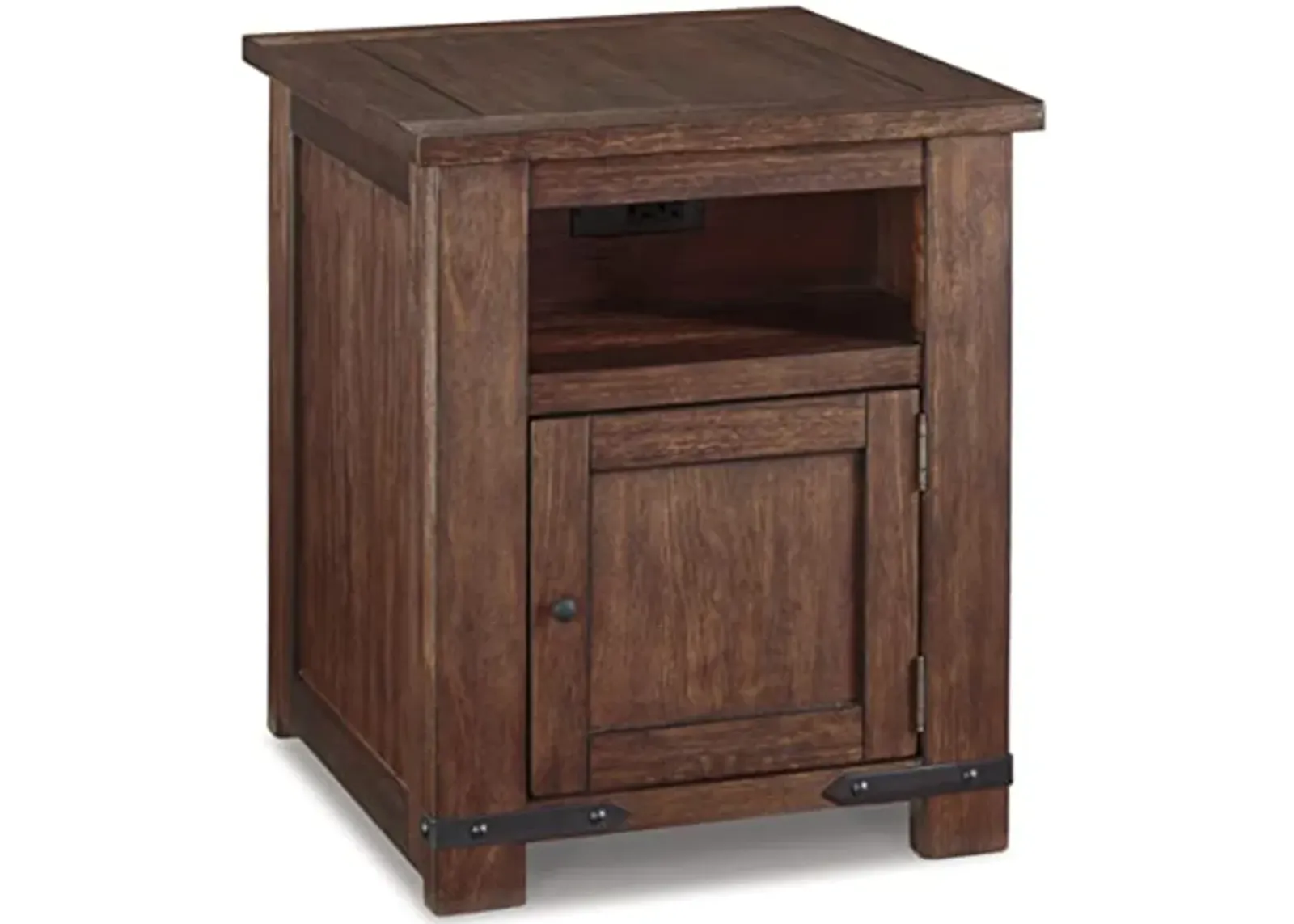 Signature Design by Ashley Budmore Industrial Rectangular End Table with Open Storage, Storage Cabinet and 2 USB Ports, Brown