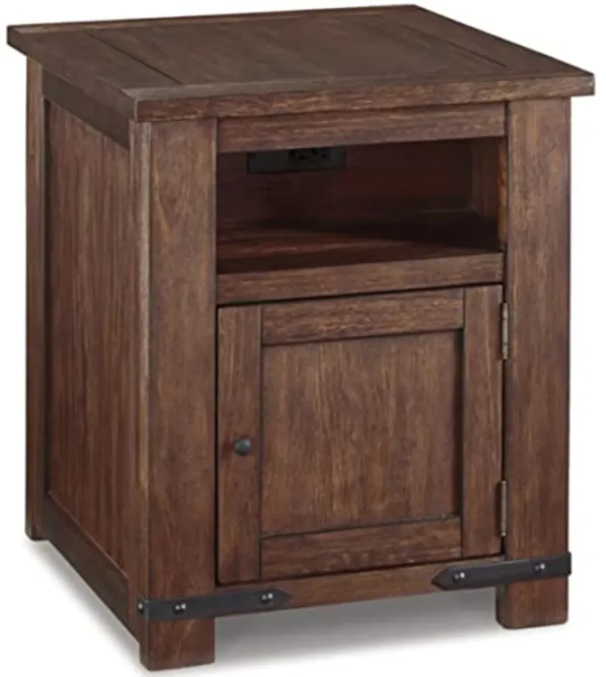 Signature Design by Ashley Budmore Industrial Rectangular End Table with Open Storage, Storage Cabinet and 2 USB Ports, Brown