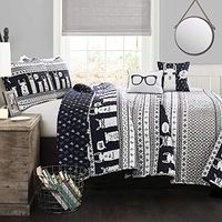 Lush Decor Navy Llama Striped 4-Piece Quilt Bed Set, Reversible Bedding (Twin)