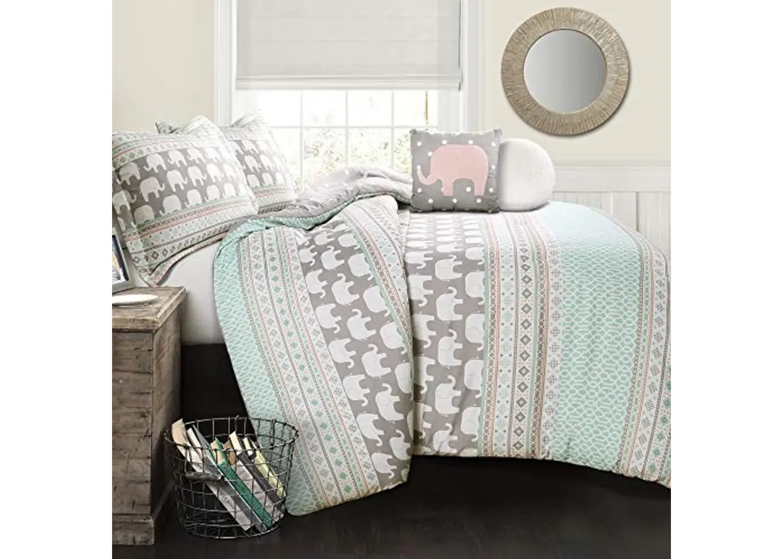 Lush Decor Pink-and-Turquoise Elephant Striped 4-Piece Comforter Bed Set, Reversible Bedding (Twin)