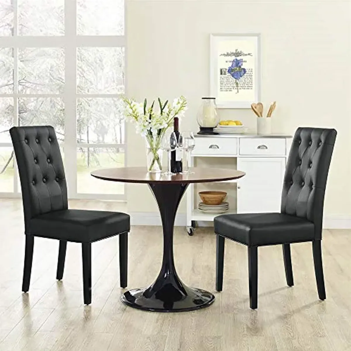 Modway Confer Modern Tufted Faux Leather Upholstered Parsons Two Dining Chairs in Black