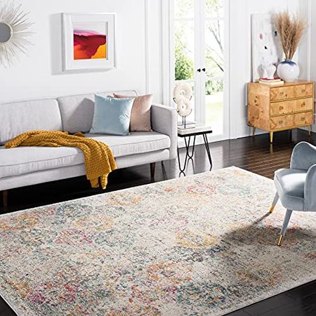 SAFAVIEH Madison Collection 9' x 12' Grey/Gold MAD611F Boho Chic Floral Medallion Trellis Distressed Non-Shedding Living Room Bedroom Dining Home Office Area Rug