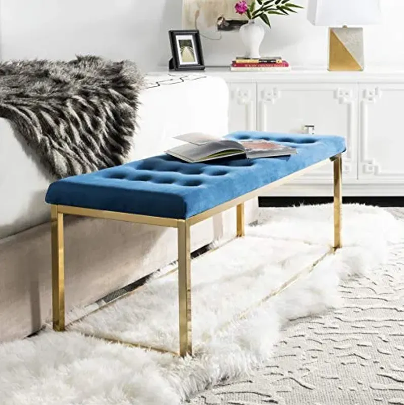SAFAVIEH Home Collection – Reynolds Navy Tufted Upholstered Accent Bench, Modern Parsons-Style Open Frame Bench with Brass Legs for Bedroom, Entryway or Living Room (FOX6225G)