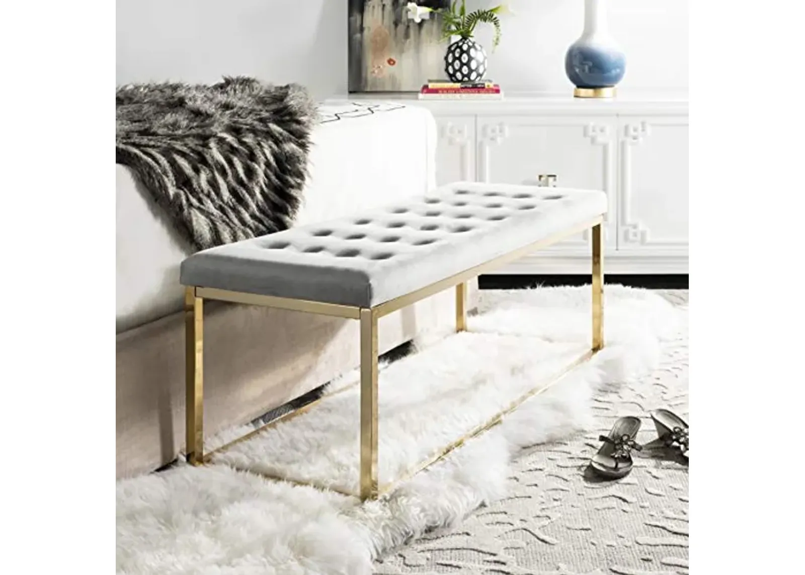 Safavieh Home Reynolds 48-inch Grey Velvet and Brass Bench