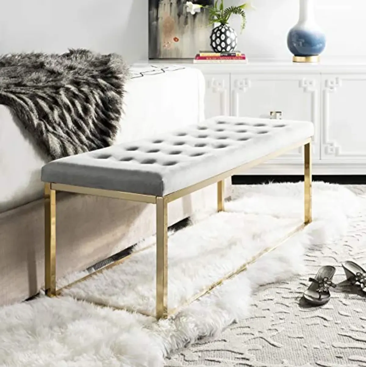 Safavieh Home Reynolds 48-inch Grey Velvet and Brass Bench