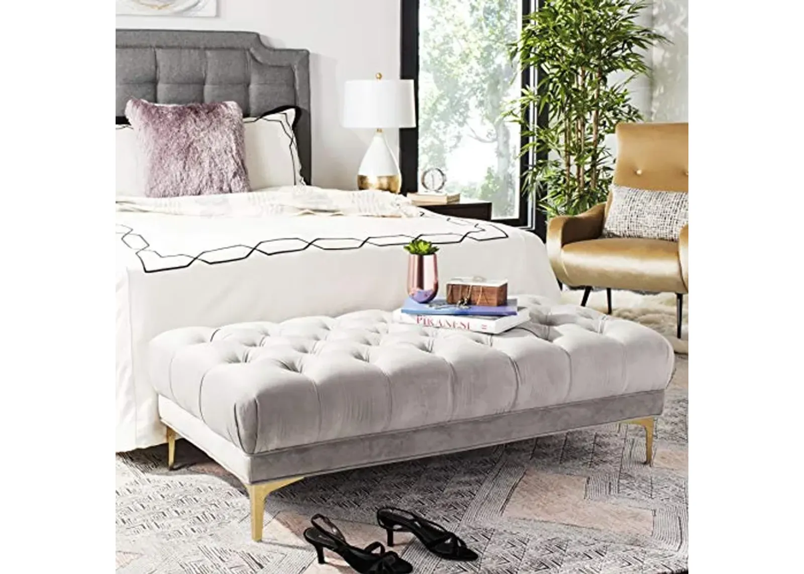 Safavieh Home Zarya 54-inch Glam Grey Velvet and Brass Tufted Rectangular Bench