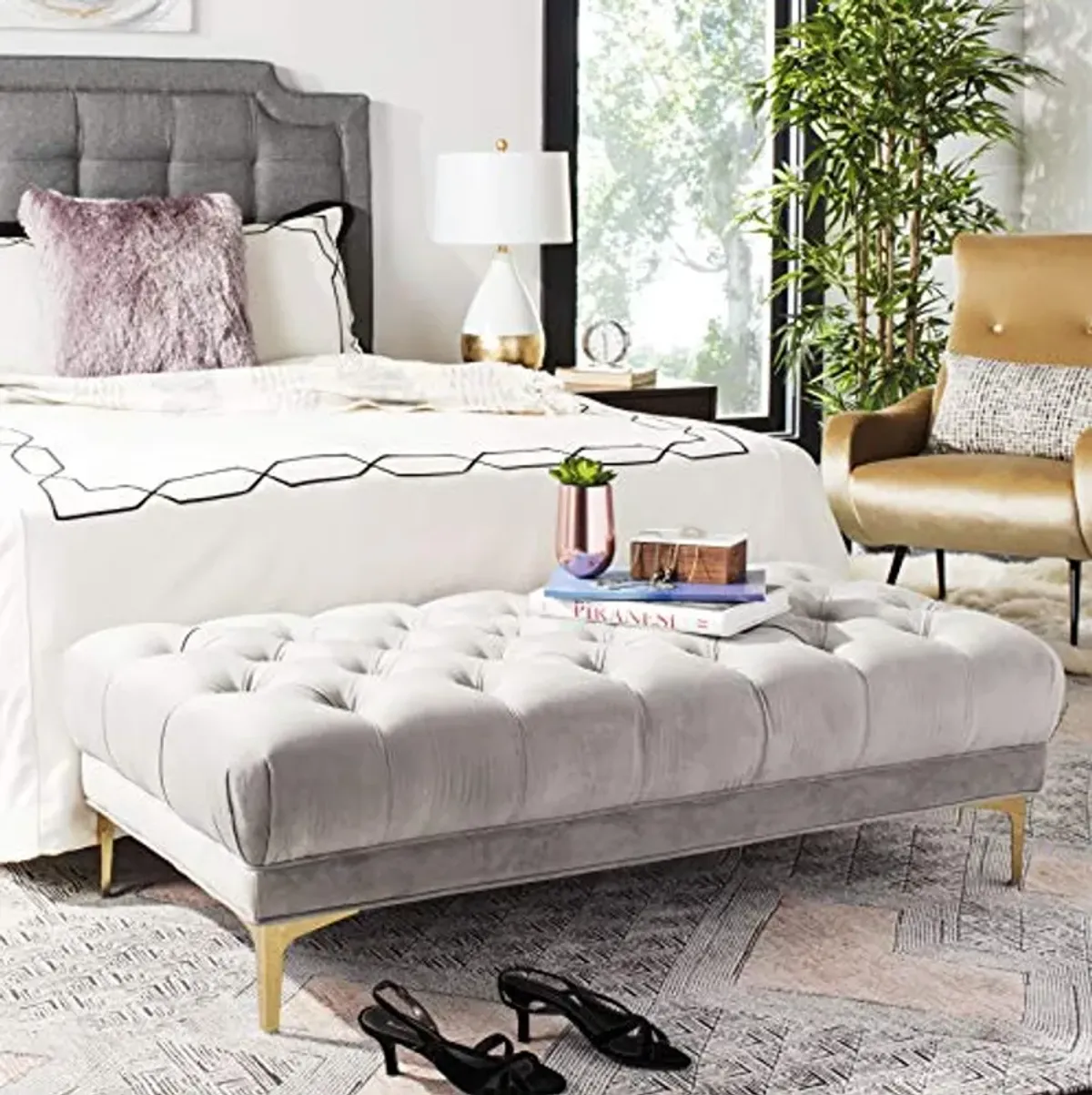 Safavieh Home Zarya 54-inch Glam Grey Velvet and Brass Tufted Rectangular Bench