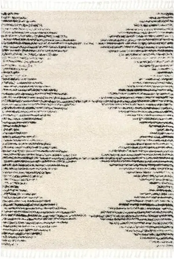nuLOOM Bria Moroccan Shag Tasseled Area Rug - 8 Square Shag Area Rug Modern/Contemporary Off-White/Charcoal Rugs for Living Room Bedroom Dining Room Nursery