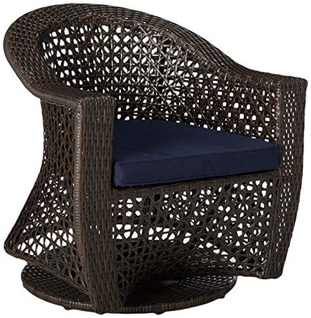 Christopher Knight Home Jacqueline Patio Swivel Chair, Wicker with Outdoor Cushions, Multi-Brown, Navy Blue