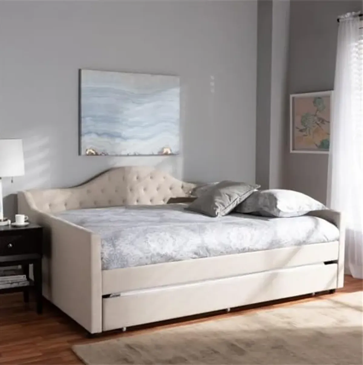 Baxton Studio Eliza Modern and Contemporary Light Beige Fabric Upholstered Queen Size Daybed with Trundle