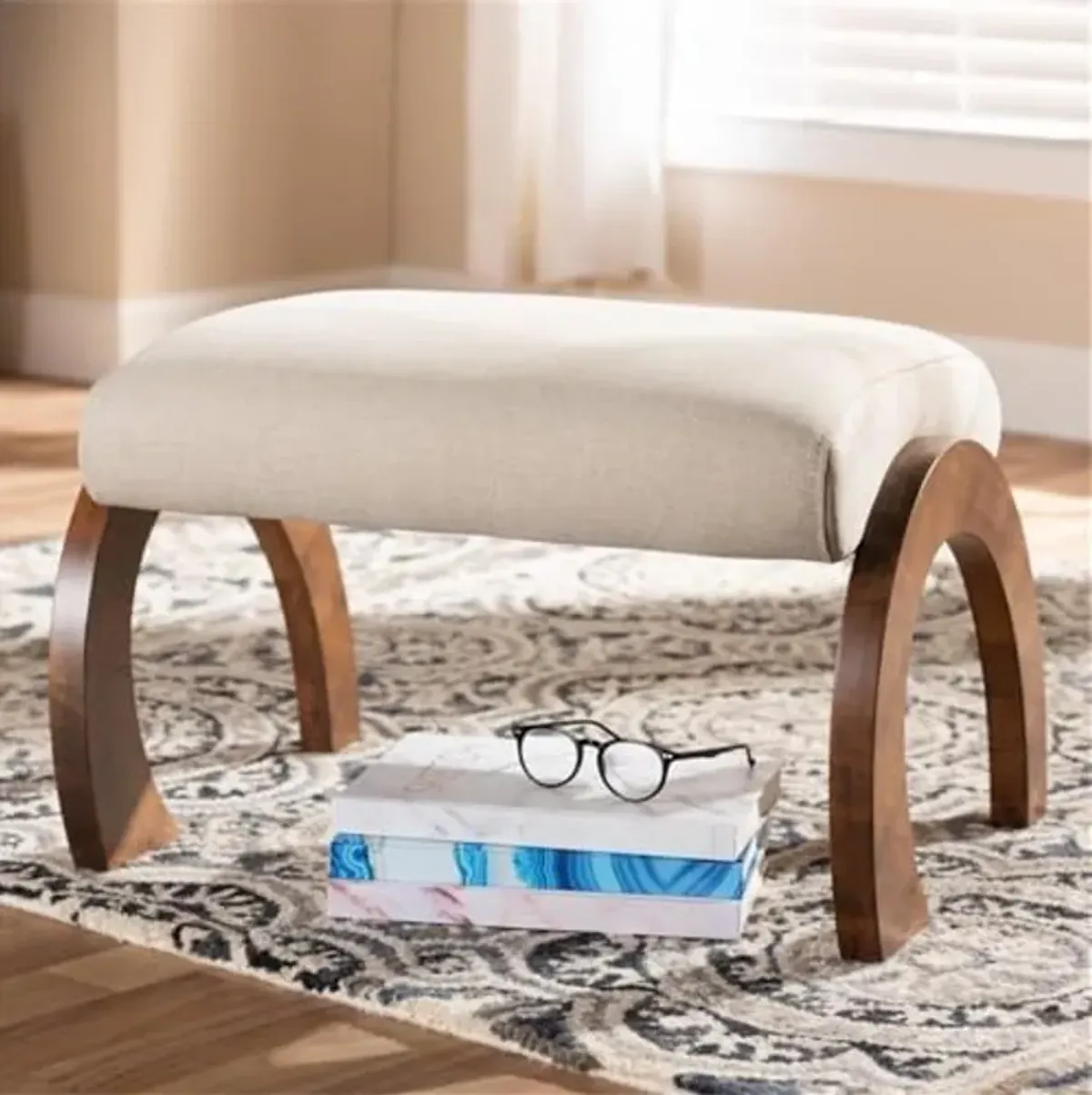 Baxton Studio Sandrine Modern and Contemporary Light Beige Fabric Upholstered Walnut Brown Finished Wood Ottoman