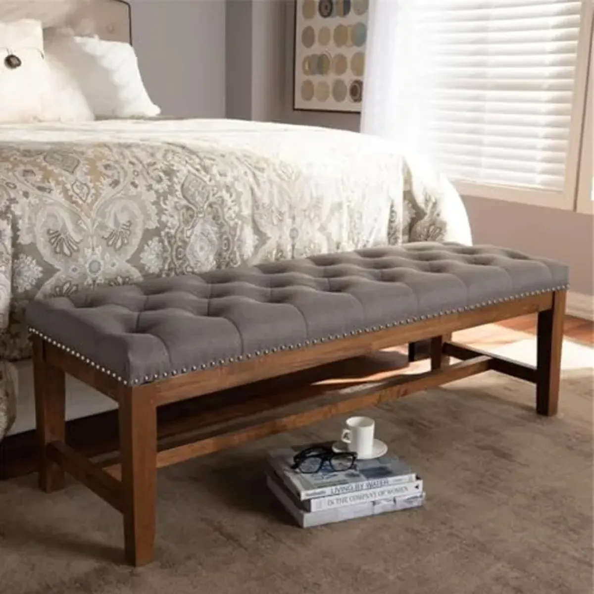 Baxton Studio Ainsley Modern and Contemporary Grey Fabric Upholstered Walnut Finished Solid Rubberwood Bench