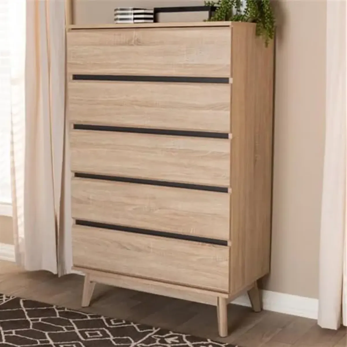 Baxton Studio Miren Mid-Century Modern Light Oak and Dark Grey 5-Drawer Chest