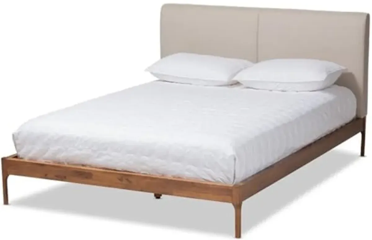 Baxton Studio Aveneil Mid-Century Modern Beige Fabric Upholstered Walnut Finished King Size Platform Bed