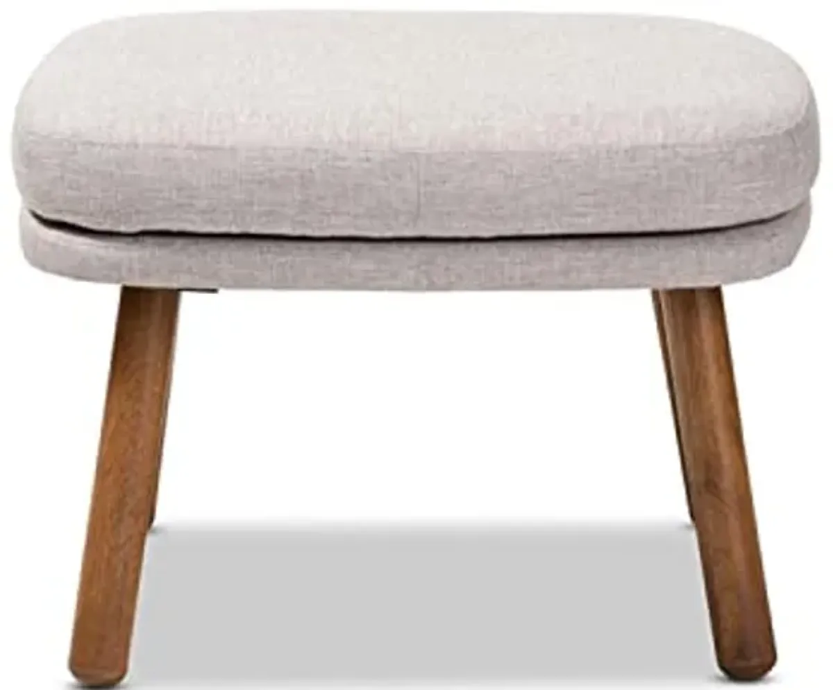 Baxton Studio Lovise Mid-Century Modern Greyish Beige Fabric Upholstered Walnut Brown Finished Wood Ottoman