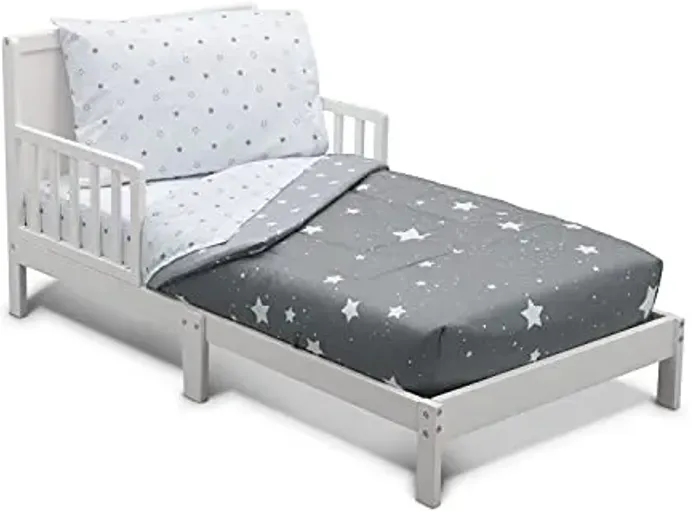 Delta 4-Piece Reversible Toddler Bedding Set - Fitted Sheet, Top Sheet, Pillowcase, 2-in-1 Comforter - For Boys, Dusty Skies & Grey Stars
