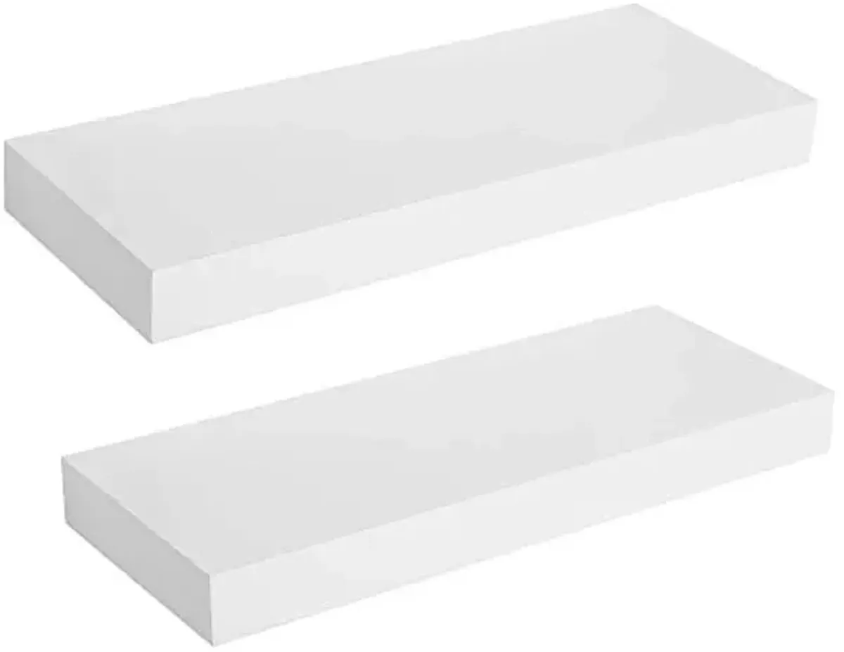 SONGMICS Floating Wall Shelf 15.7 Inches, Set of 2, with Metal Bracket for Easy Installation, Display Trinkets, Picture Frames, Potted Plants, in The Living Room, Entryway, Bedroom, White ULWS14WT-2