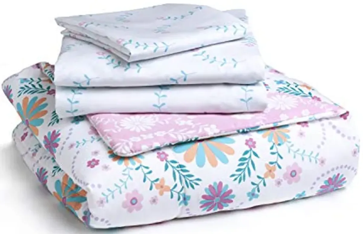 Delta Children Toddler Bedding Set | Girls 4 Piece Collection | Fitted Sheet, Flat Top Sheet w/Elastic Bottom, Fitted Comforter w/Elastic Bottom, Pillowcase, Bohemian | Pink/Multi