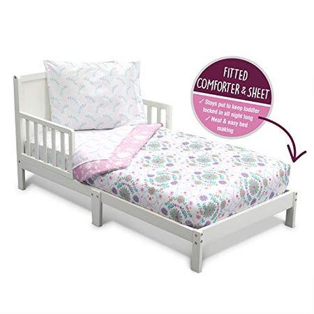 Delta Children Toddler Bedding Set | Girls 4 Piece Collection | Fitted Sheet, Flat Top Sheet w/Elastic Bottom, Fitted Comforter w/Elastic Bottom, Pillowcase, Bohemian | Pink/Multi