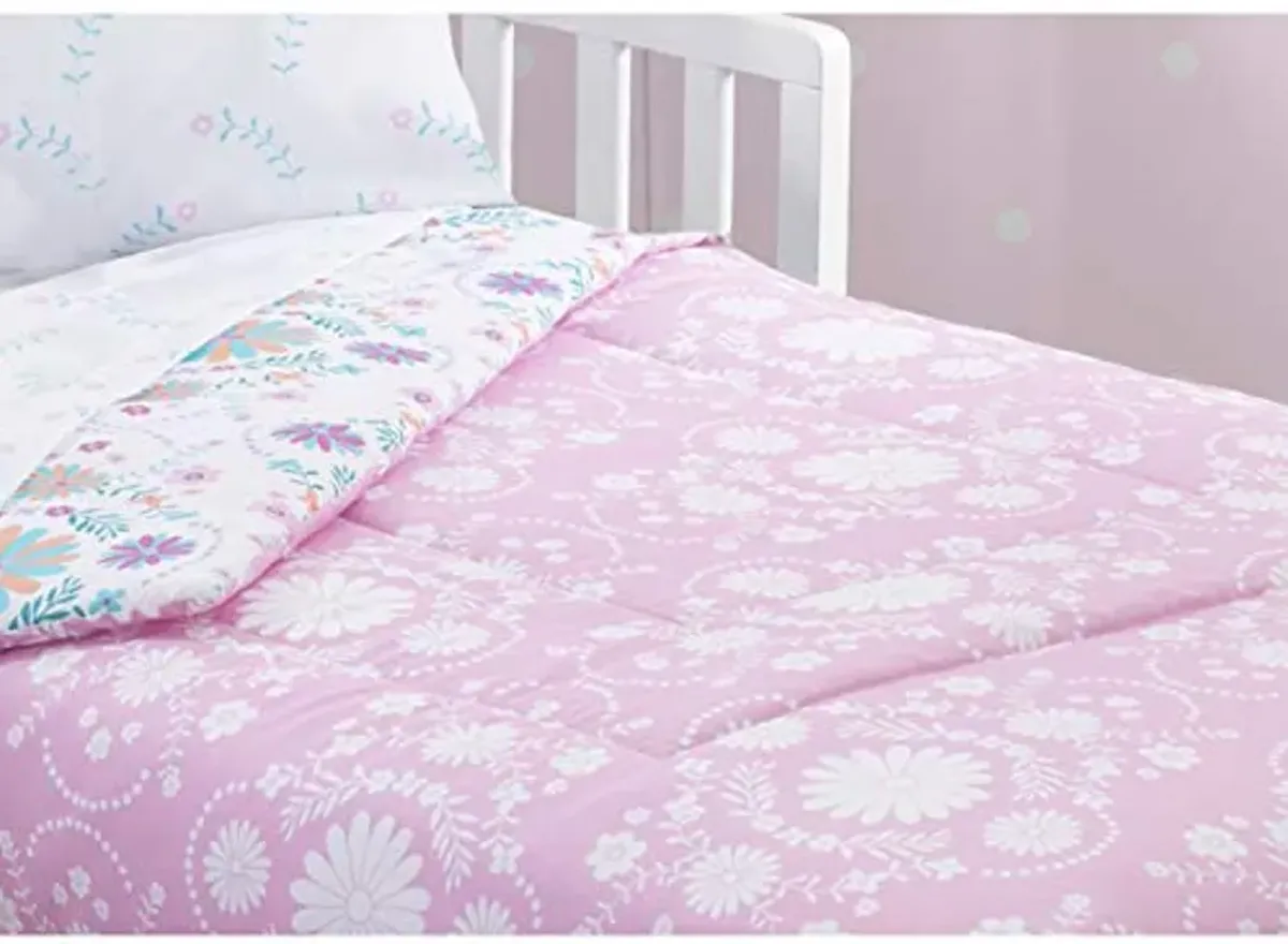 Delta Children Toddler Bedding Set | Girls 4 Piece Collection | Fitted Sheet, Flat Top Sheet w/Elastic Bottom, Fitted Comforter w/Elastic Bottom, Pillowcase, Bohemian | Pink/Multi