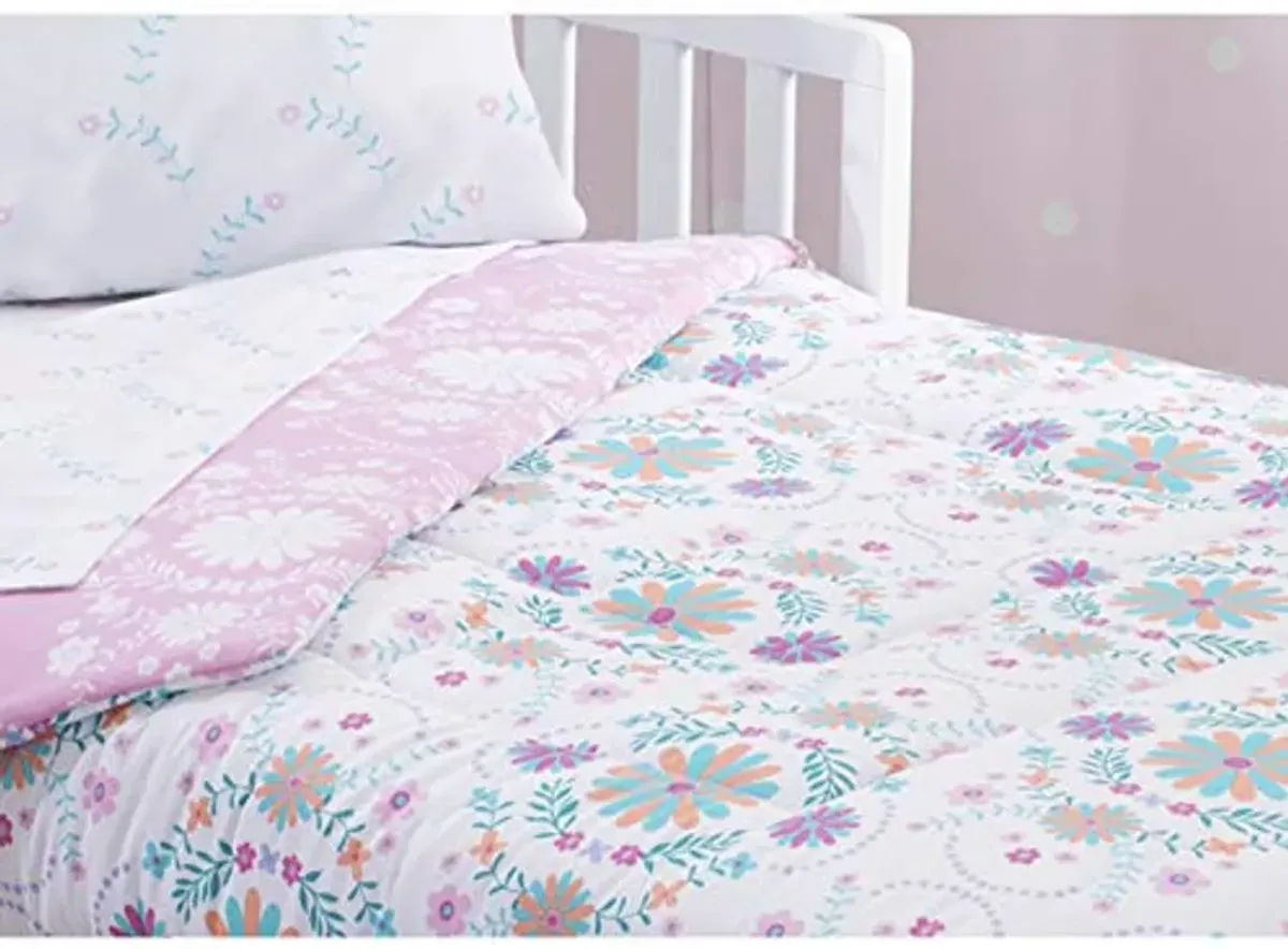 Delta Children Toddler Bedding Set | Girls 4 Piece Collection | Fitted Sheet, Flat Top Sheet w/Elastic Bottom, Fitted Comforter w/Elastic Bottom, Pillowcase, Bohemian | Pink/Multi