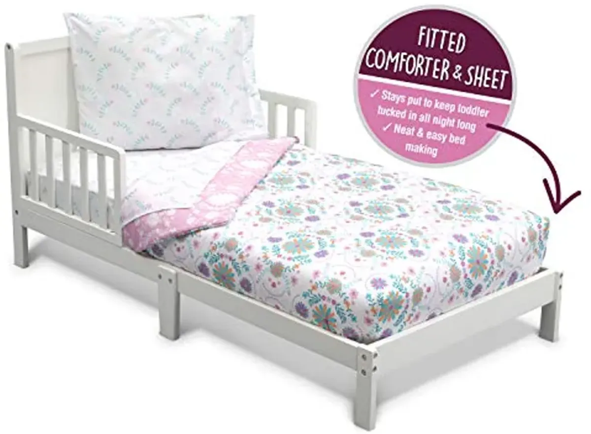 Delta Children Toddler Bedding Set | Girls 4 Piece Collection | Fitted Sheet, Flat Top Sheet w/Elastic Bottom, Fitted Comforter w/Elastic Bottom, Pillowcase, Bohemian | Pink/Multi