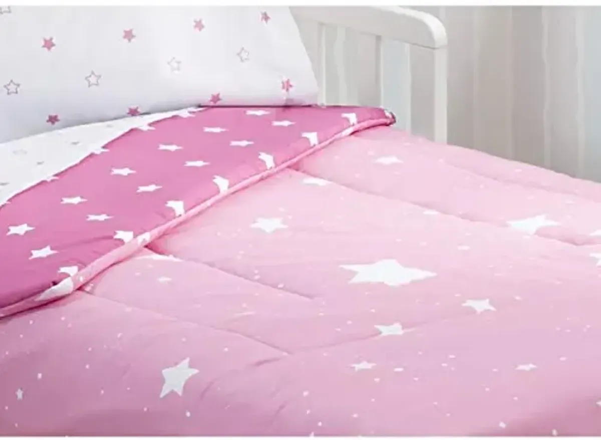 Delta Children 4 Piece Toddler Bedding Set for Girls - Reversible 2-in-1 Comforter - Includes Fitted Comforter to Keep Little Ones Snug, Bottom Sheet, Top Sheet, Pillow Case - Pink Blushing Star