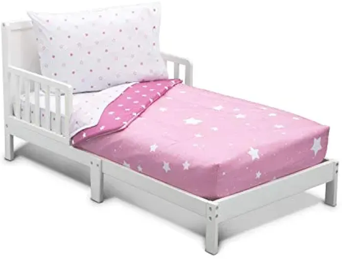 Delta Children 4 Piece Toddler Bedding Set for Girls - Reversible 2-in-1 Comforter - Includes Fitted Comforter to Keep Little Ones Snug, Bottom Sheet, Top Sheet, Pillow Case - Pink Blushing Star