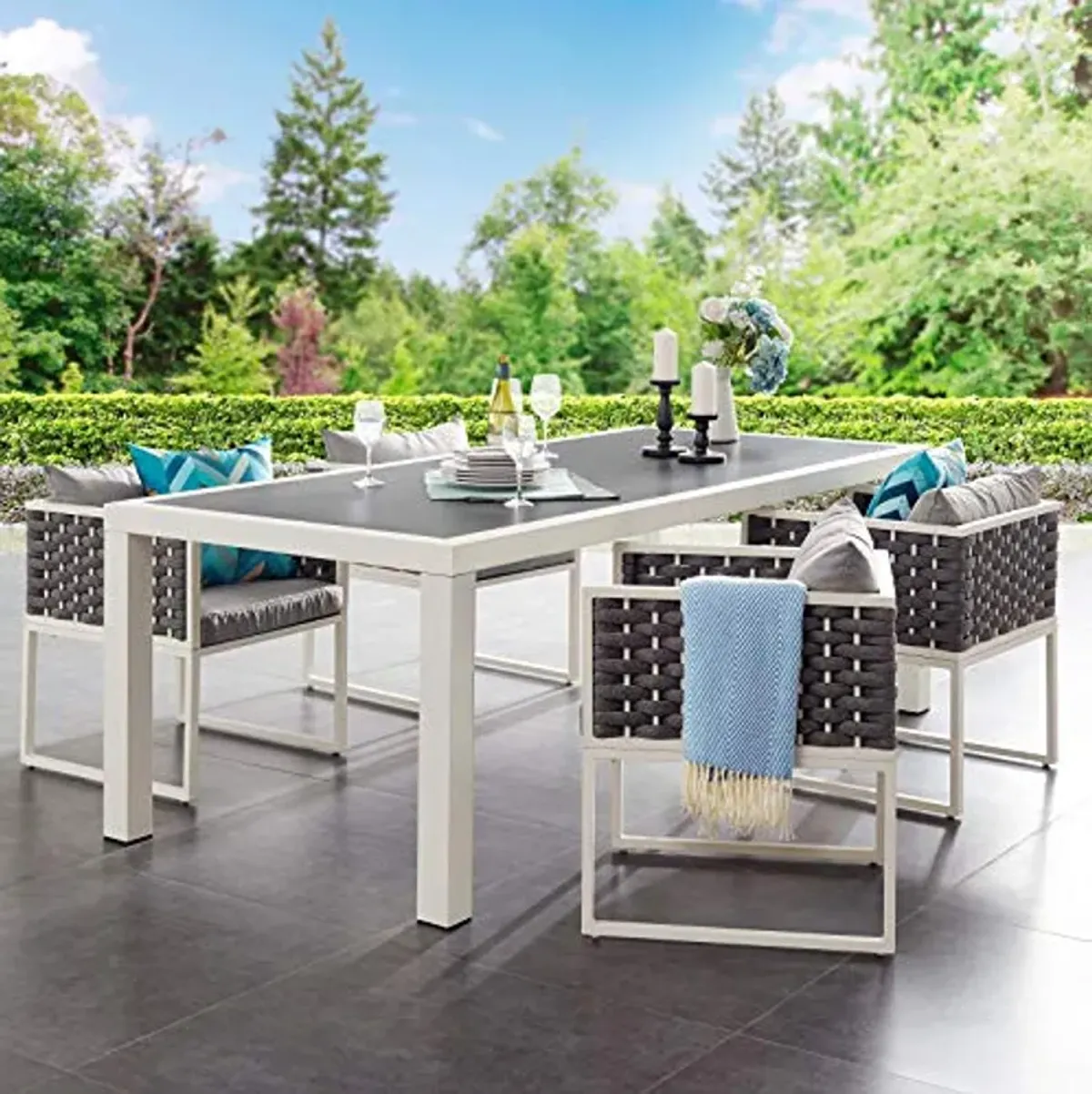 Modway Stance 91" Outdoor Patio Modern Spray Stone Glass Aluminum Dining Table in White Gray