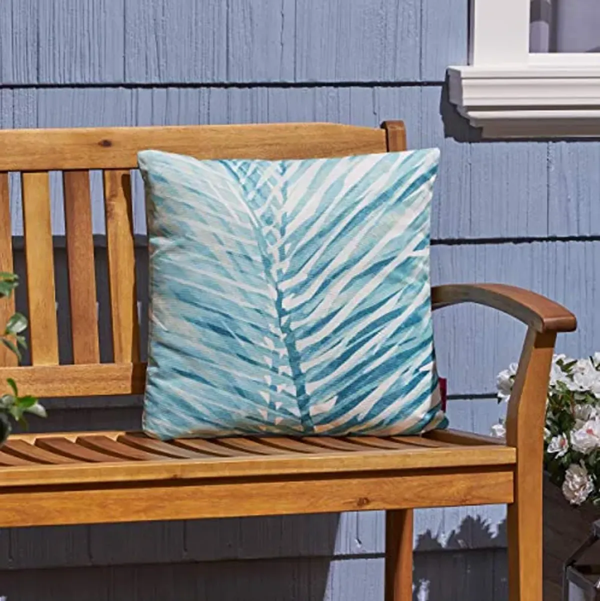 Christopher Knight Home Sally Outdoor Cushion, 17.75" Square, Palm Fronds, White, Teal, Blue