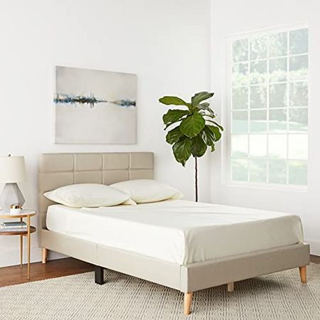 Divano Roma Furniture Mid-Century Linen Platform Bed Frame with Pleated Headboard Design (Full, Beige)