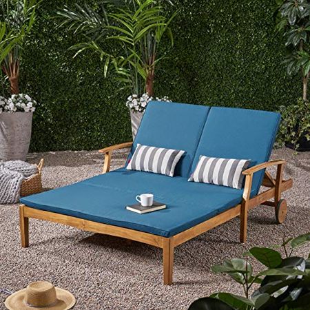 Great Deal Furniture Samantha Double Chaise Lounge for Yard and Patio, Acacia Wood Frame, Teak Finish with Blue Cushions