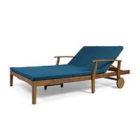 Great Deal Furniture Samantha Double Chaise Lounge for Yard and Patio, Acacia Wood Frame, Teak Finish with Blue Cushions
