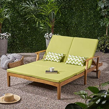 GDFStudio Samantha Double Chaise Lounge for Yard and Patio, Acacia Wood Frame, Teak Finish with Green Cushions