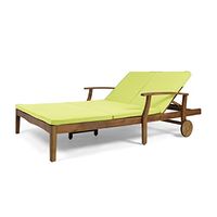 GDFStudio Samantha Double Chaise Lounge for Yard and Patio, Acacia Wood Frame, Teak Finish with Green Cushions
