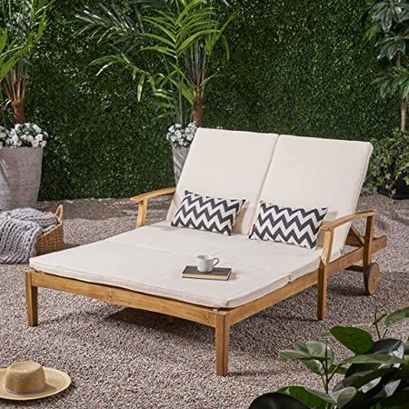 Great Deal Furniture Samantha Double Chaise Lounge for Yard and Patio, Acacia Wood Frame, Teak Finish with Cream Cushions