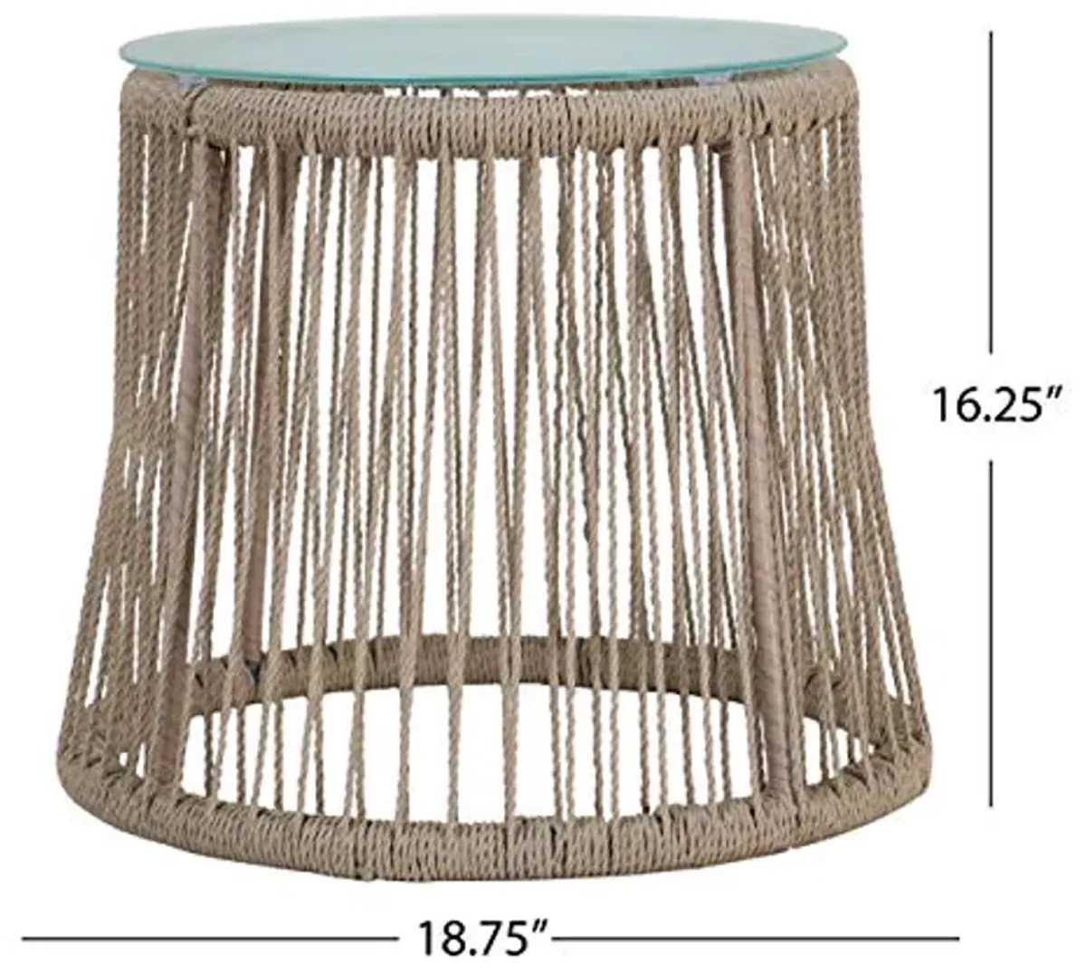 Christopher Knight Home 307514 Kimberley Outdoor Side Table, Steel and Rope, Tempered Glass, Boho, Brown