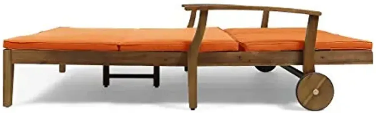 Christopher Knight Home Samantha Double Chaise Lounge for Yard and Patio, Acacia Wood Frame, Teak Finish with Orange Cushions