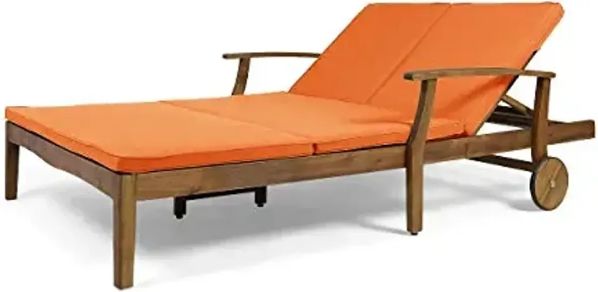 Christopher Knight Home Samantha Double Chaise Lounge for Yard and Patio, Acacia Wood Frame, Teak Finish with Orange Cushions