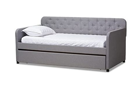 Baxton Studio Camelia Modern and Contemporary Grey Fabric Upholstered Button-Tufted Twin Size Sofa Daybed with Roll-Out Trundle Guest Bed