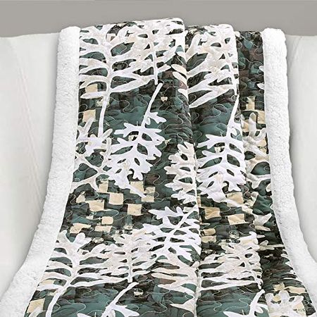 Lush Decor, Green Camouflage Leaves Reversible Sherpa Throw Blanket with Nature Leaf Print Design-60” x 50, 60" x 50"