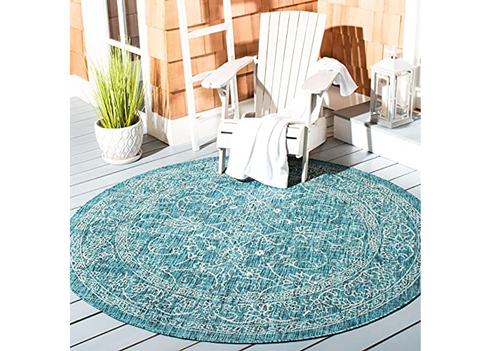 SAFAVIEH Courtyard Collection 5'3" Round Turquoise CY8680 Indoor/ Outside Waterproof Easy cleansingPatio Backyard Mudroom Area Mat