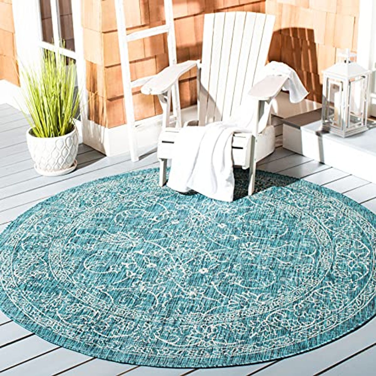 SAFAVIEH Courtyard Collection 5'3" Round Turquoise CY8680 Indoor/ Outside Waterproof Easy cleansingPatio Backyard Mudroom Area Mat