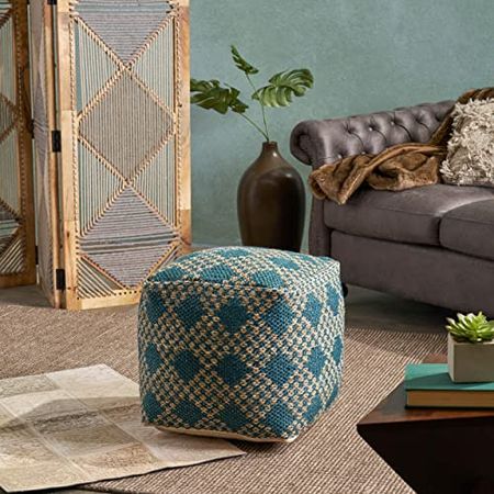Christopher Knight Home Mamie Cube Pouf, Boho, Beige and Teal Yarn