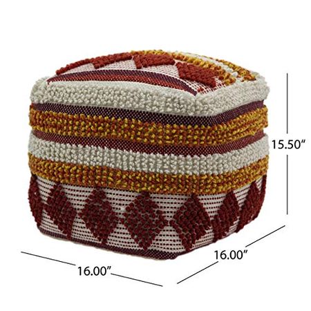 Christopher Knight Home Annabelle Outdoor Cube Pouf, Boho, Orange, Red, White Yarn, Multi
