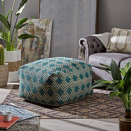 Christopher Knight Home Betty Large Square Casual Pouf, Boho, Beige and Teal Yarn, 24.00 x 25.00 x 15.50
