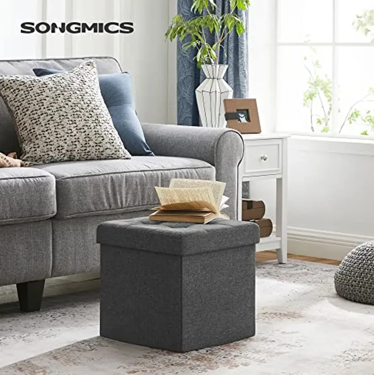 SONGMICS 15 Inches Folding Storage Ottoman Bench, Storage Chest, Foot Rest Stool, Bedroom Bench with Storage, Holds up to 660 lb, Dark Gray ULSF27Z