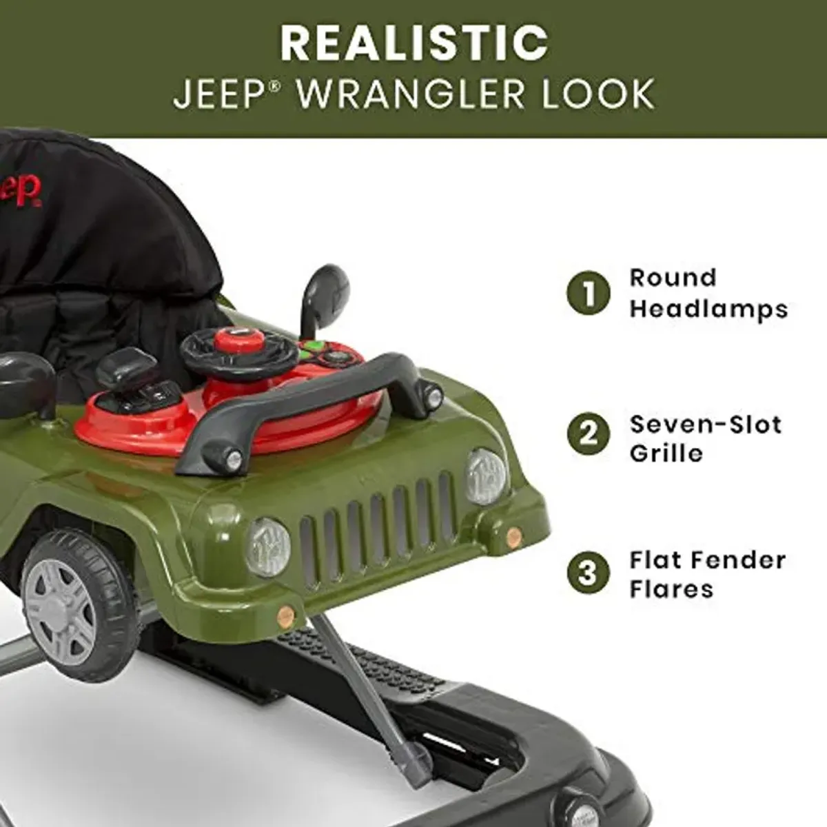 Jeep Classic Wrangler 3-in-1 Grow With Me Activity Walker - Features Music, Lights, Removable Play Tray, Push Walker Mode, Converts into Rolling Car Toy, Anniversary Green