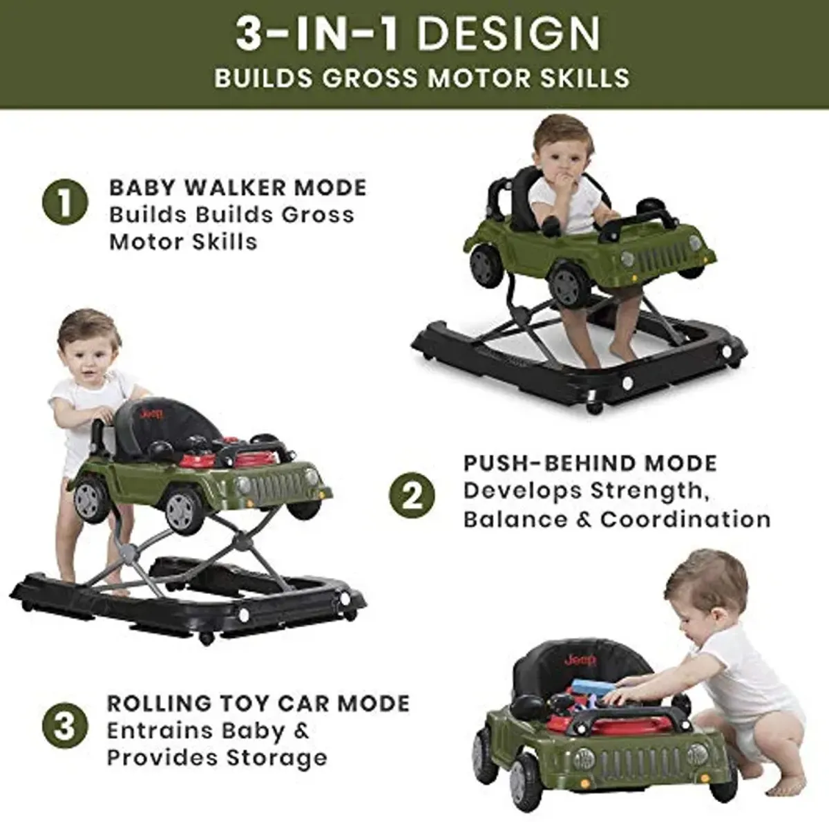 Jeep Classic Wrangler 3-in-1 Grow With Me Activity Walker - Features Music, Lights, Removable Play Tray, Push Walker Mode, Converts into Rolling Car Toy, Anniversary Green